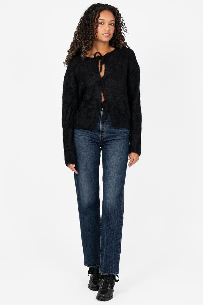 Bow & Tell Fuzzy Cardigan - honey