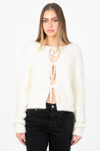 Bow & Tell Fuzzy Cardigan - honey