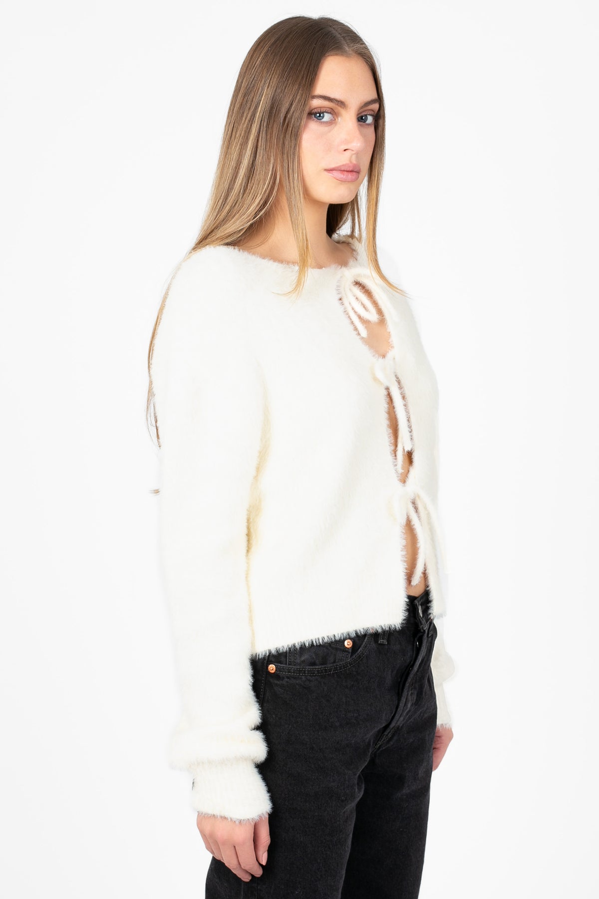 Bow & Tell Fuzzy Cardigan - honey