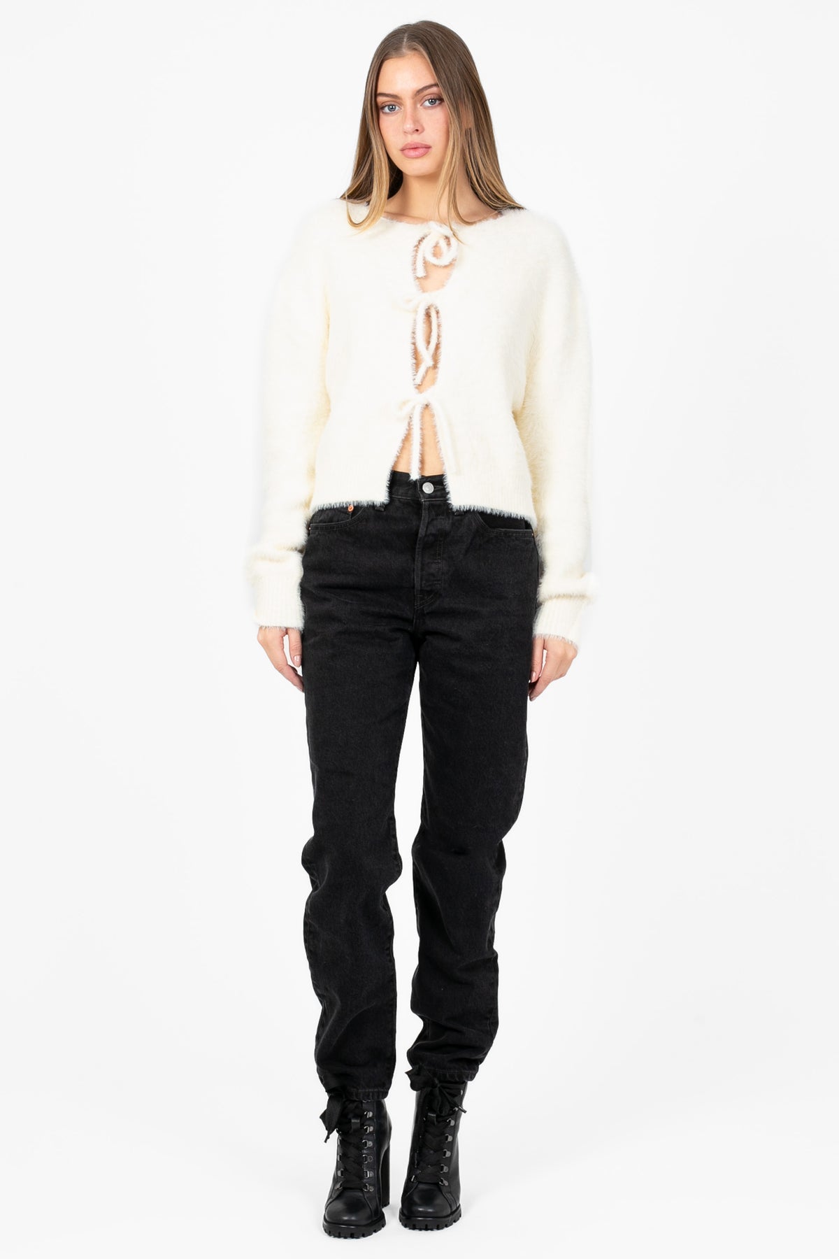 Bow & Tell Fuzzy Cardigan - honey