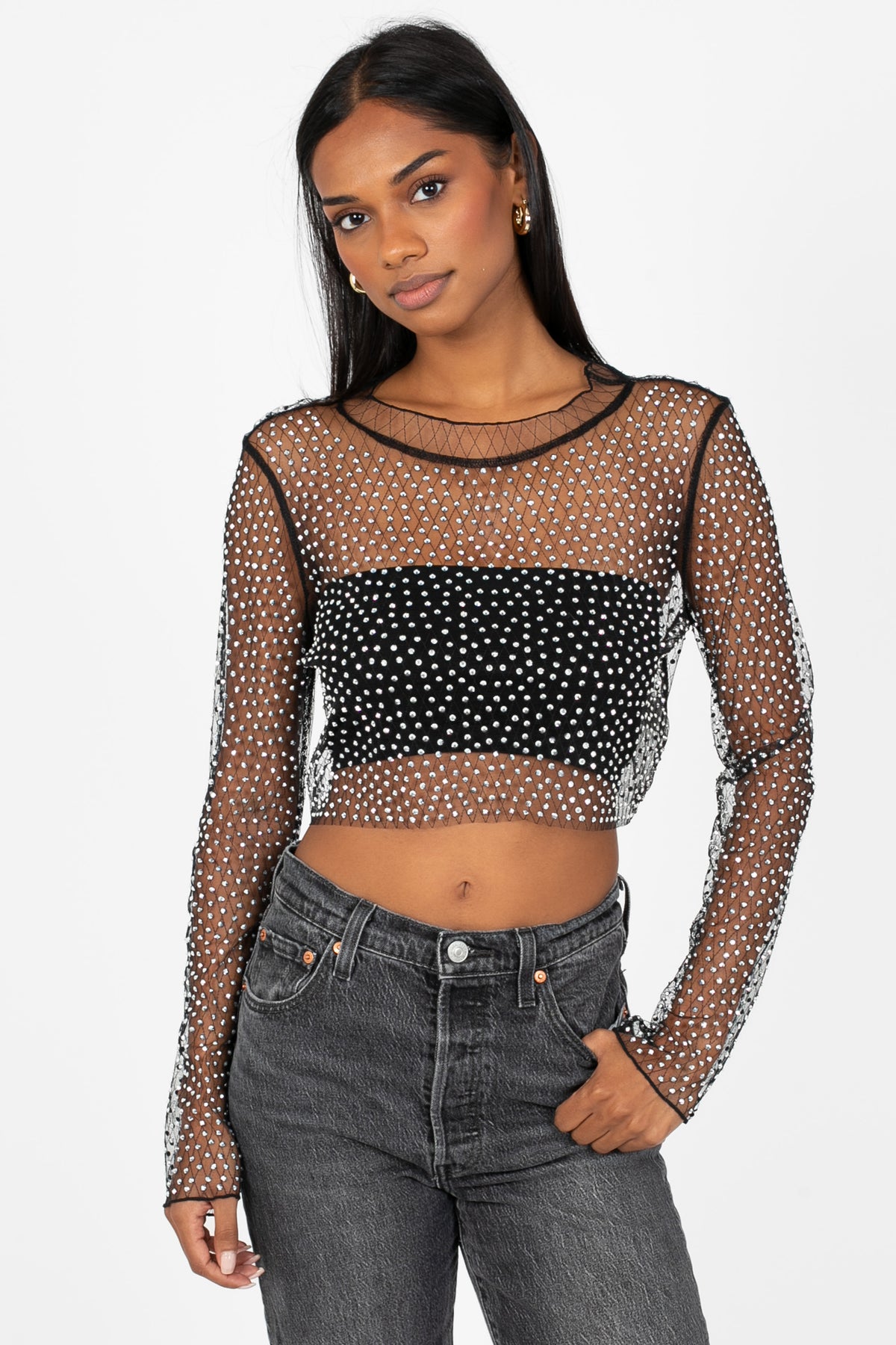 Kylie Long Sleeve Embellished Crop Top