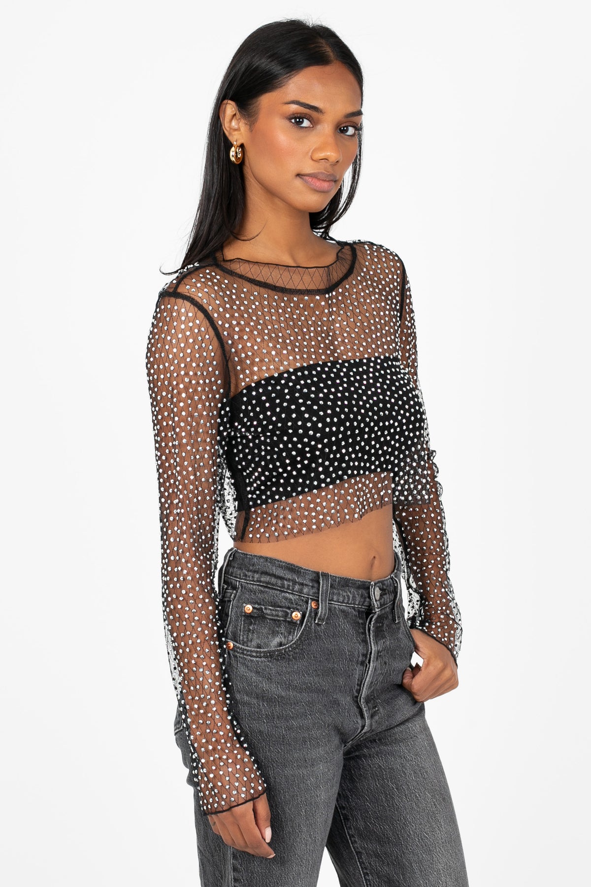 Kylie Long Sleeve Embellished Crop Top