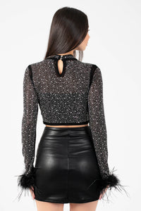 Disco Heaven Rhinestone Feather Cuff Top - honey