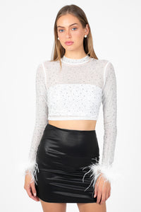 Disco Heaven Rhinestone Feather Cuff Top - honey