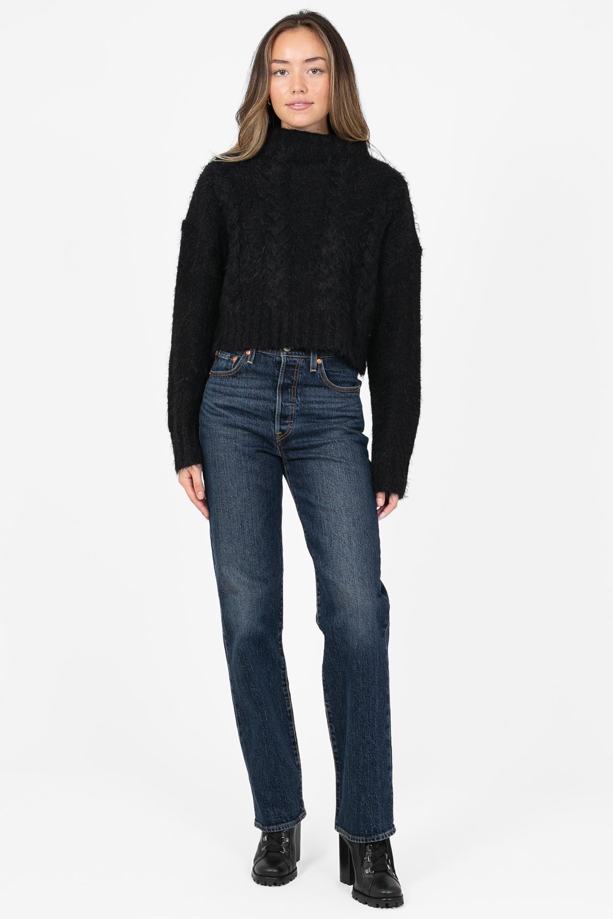 Vivienne Turtleneck Fuzzy Cable Sweater - honey