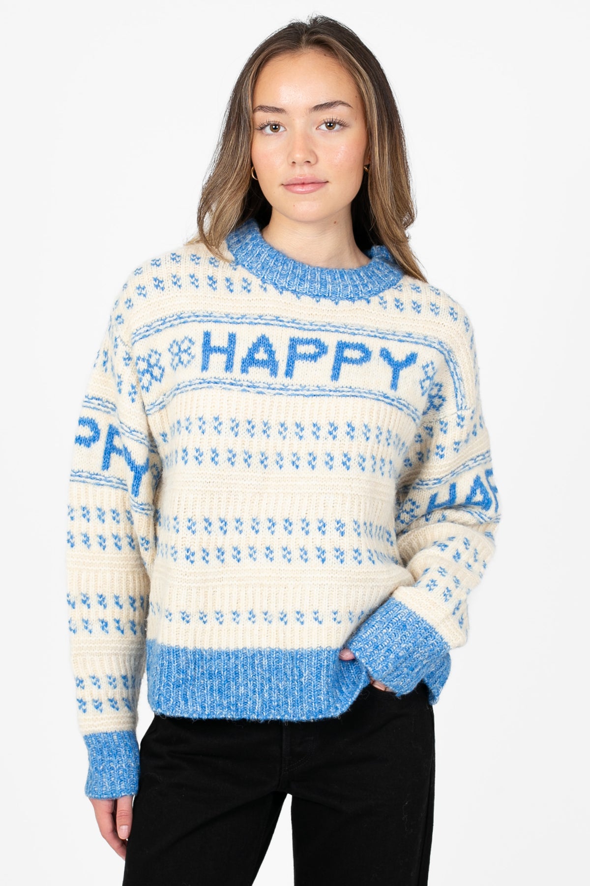 Happy Printed Thick Knit Sweater - honey