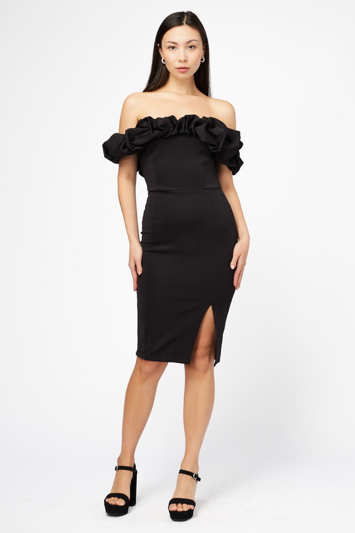 Coralie Off The Shoulder Ruffle Trim Midi Dress - honey