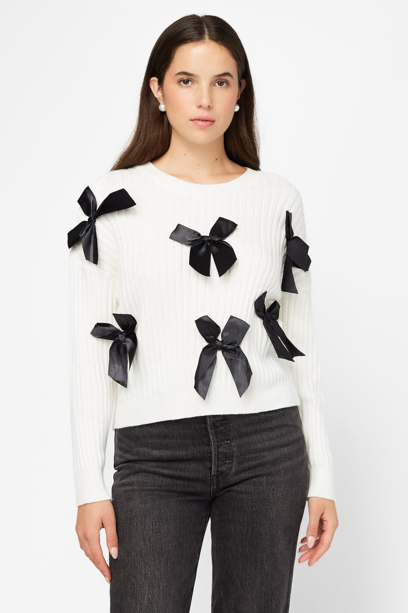 Playful Bow Accent Ribbed Sweater