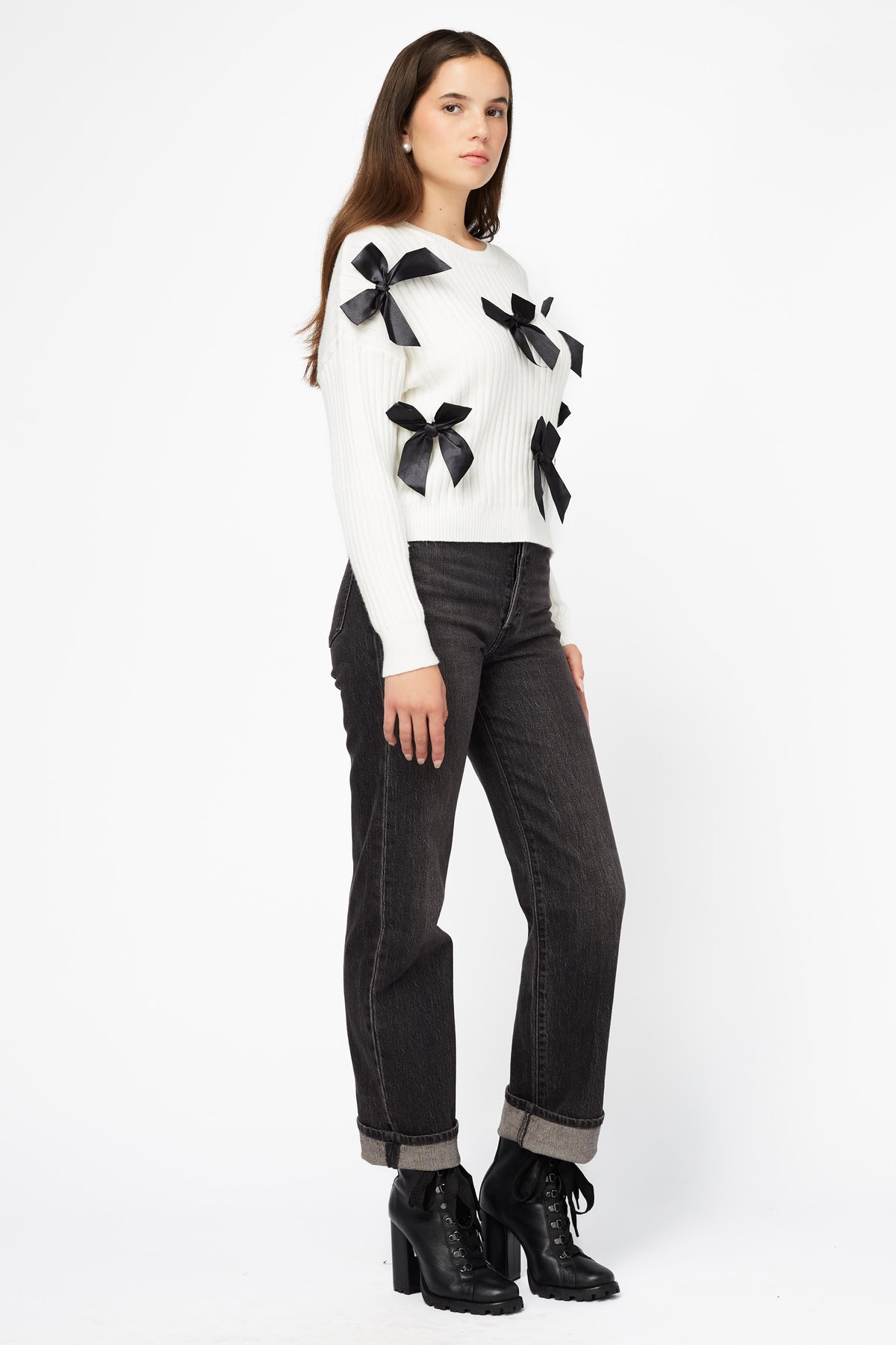 Playful Bow Accent Ribbed Sweater