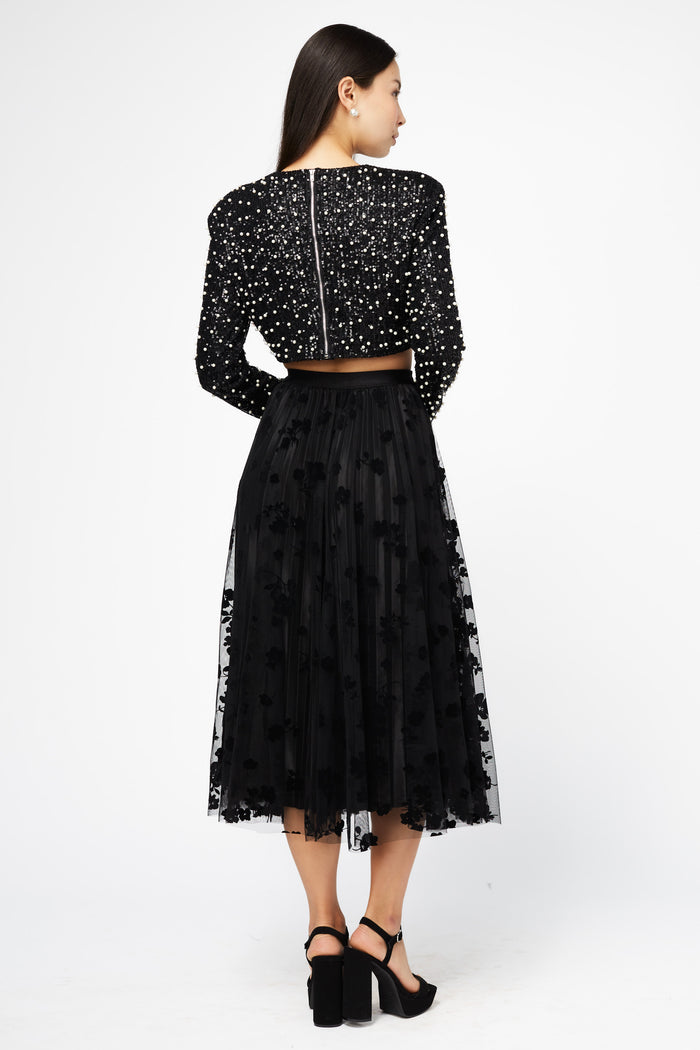 Hayden Floral Mesh Pleated Midi Skirt - honey