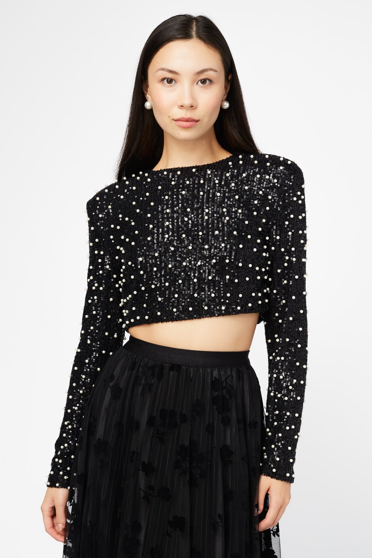 Alison Pearl Embellished Sequin Crop Top