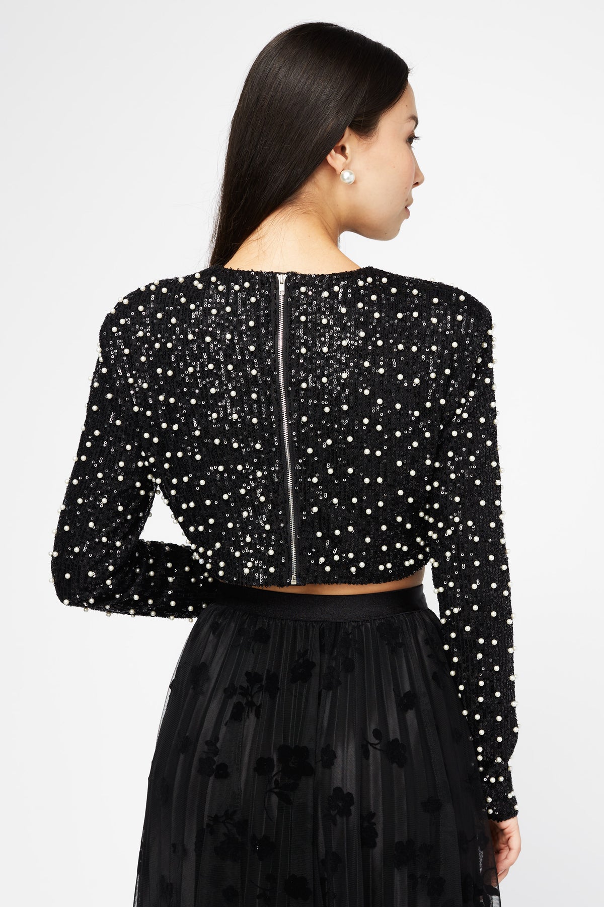 Alison Pearl Embellished Sequin Crop Top