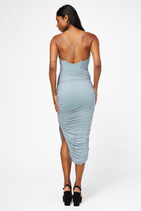 August Pearl Mesh Ruched Midi Dress