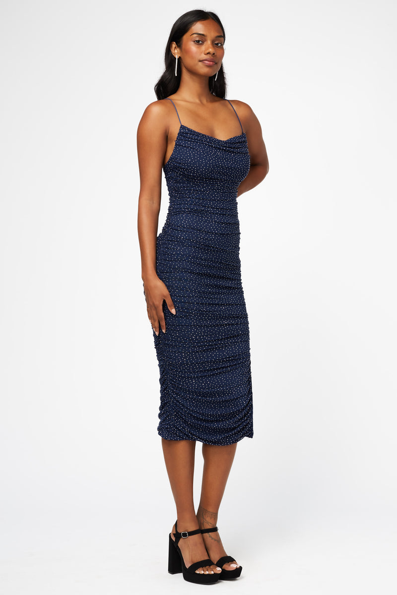 Whitney Rhinestone Ruched Mesh Midi Dress