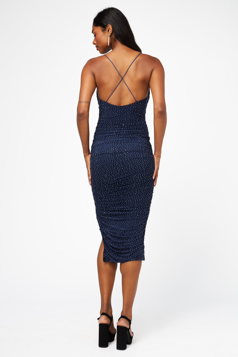 Whitney Rhinestone Ruched Mesh Midi Dress