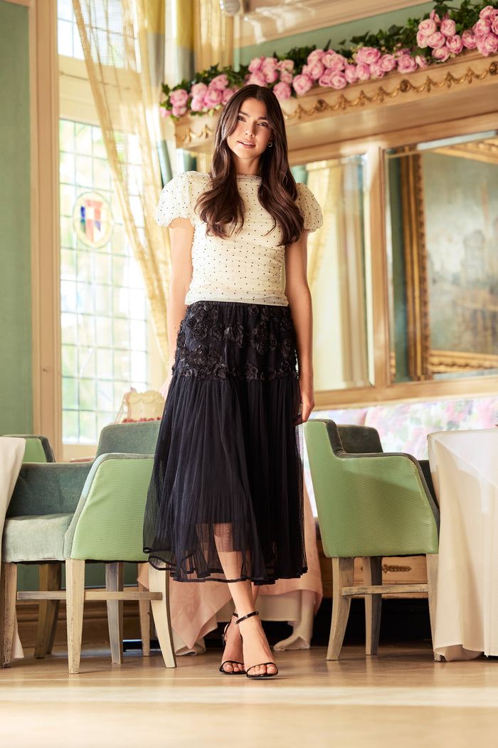 Arlo Floral Embellished Tulle Midi Skirt - honey