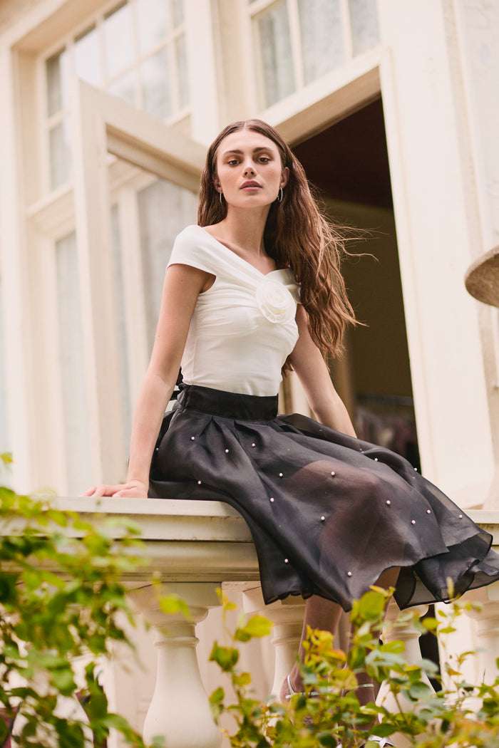 Darcy Pearl Embellished Organza Midi Skirt