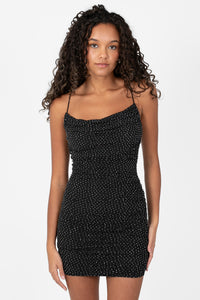 Beata Rhinestone Ruched Mesh Mini Dress - honey