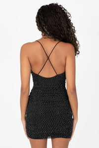 Beata Rhinestone Ruched Mesh Mini Dress - honey