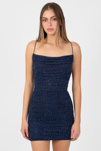 Beata Rhinestone Ruched Mesh Mini Dress - honey