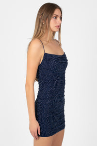 Beata Rhinestone Ruched Mesh Mini Dress
