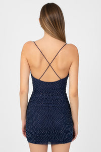 Beata Rhinestone Ruched Mesh Mini Dress - honey