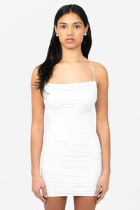 Beata Rhinestone Ruched Mesh Mini Dress - honey