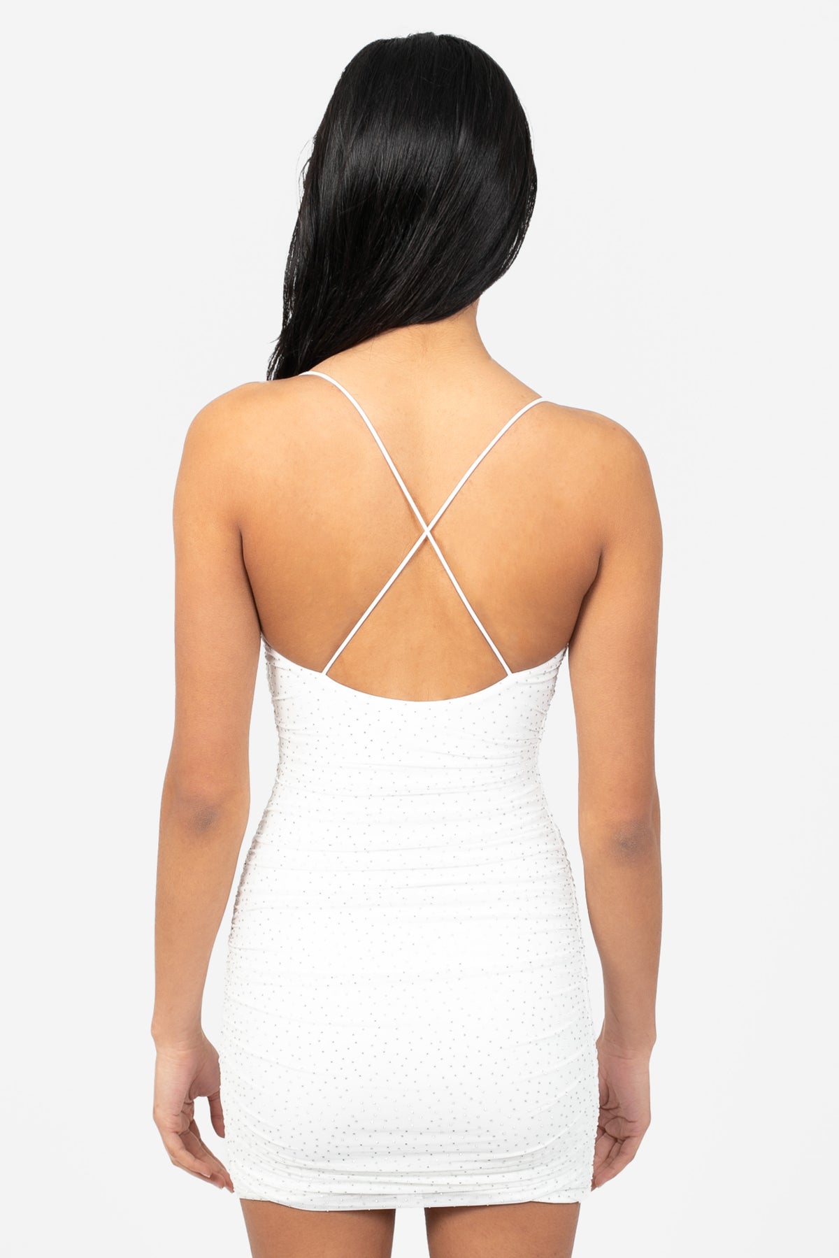 Beata Rhinestone Ruched Mesh Mini Dress - honey