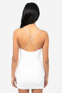 Beata Rhinestone Ruched Mesh Mini Dress - honey