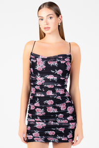 Gemma Floral Mesh Ruched Mini Dress - honey