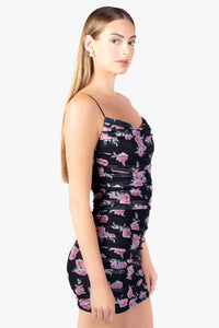 Gemma Floral Mesh Ruched Mini Dress - honey