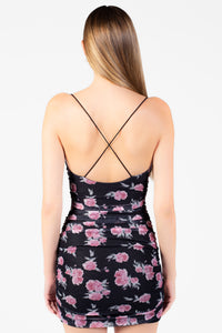 Gemma Floral Mesh Ruched Mini Dress - honey