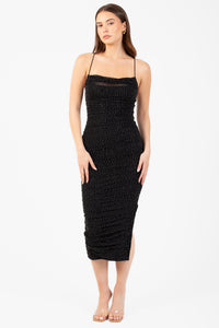 Whitney Rhinestone Ruched Mesh Midi Dress