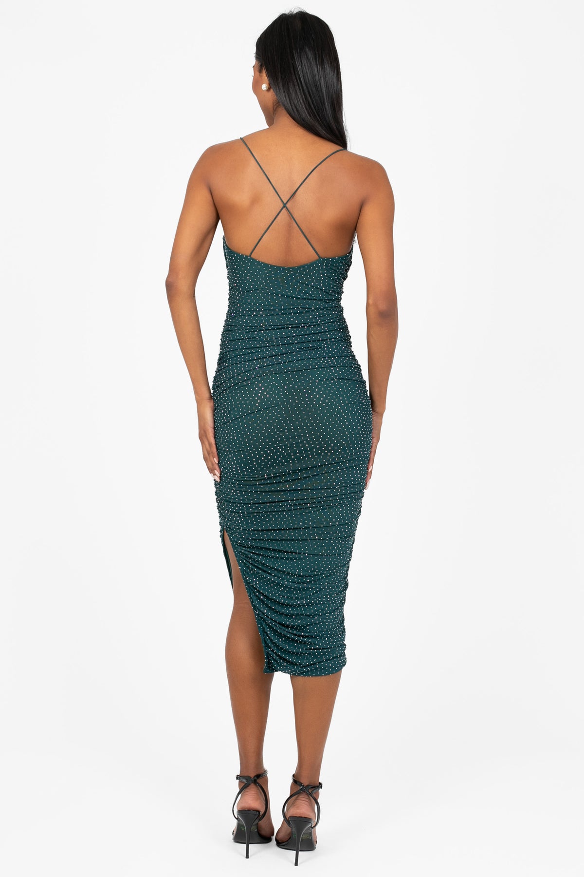 Whitney Rhinestone Ruched Mesh Midi Dress