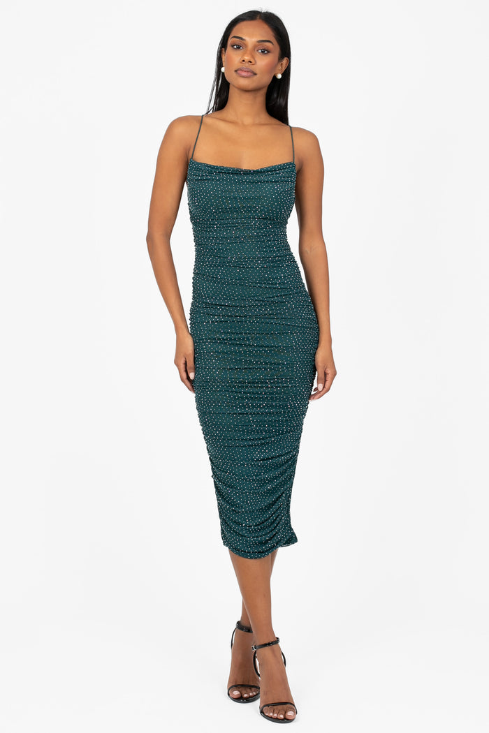 Whitney Rhinestone Ruched Mesh Midi Dress