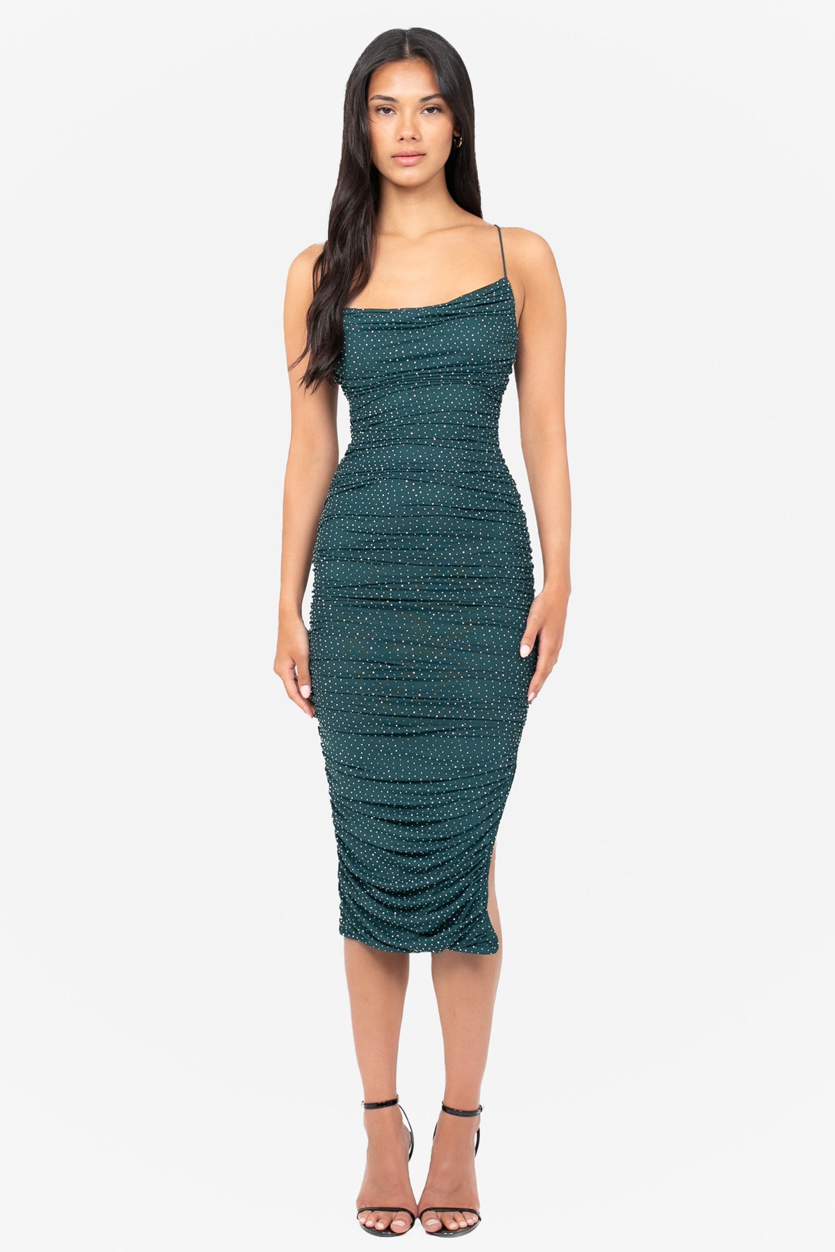 Whitney Rhinestone Ruched Mesh Midi Dress