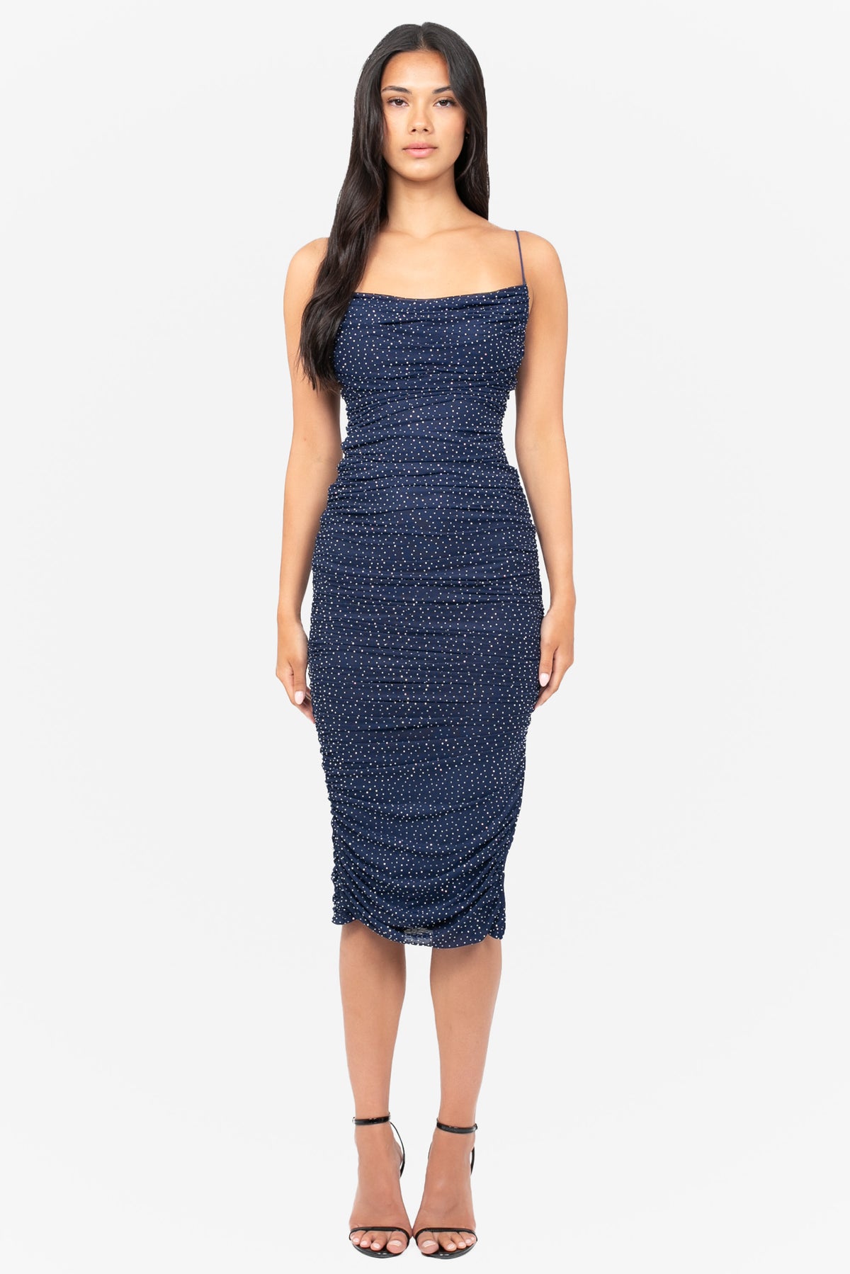 Whitney Rhinestone Ruched Mesh Midi Dress