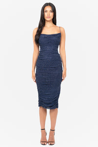 Whitney Rhinestone Ruched Mesh Midi Dress
