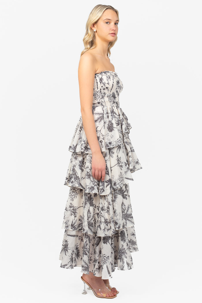 Valencia Printed Tiered Ruffle Midi Dress