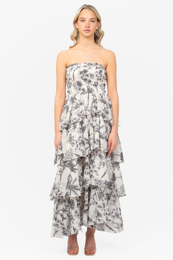 Valencia Printed Tiered Ruffle Midi Dress