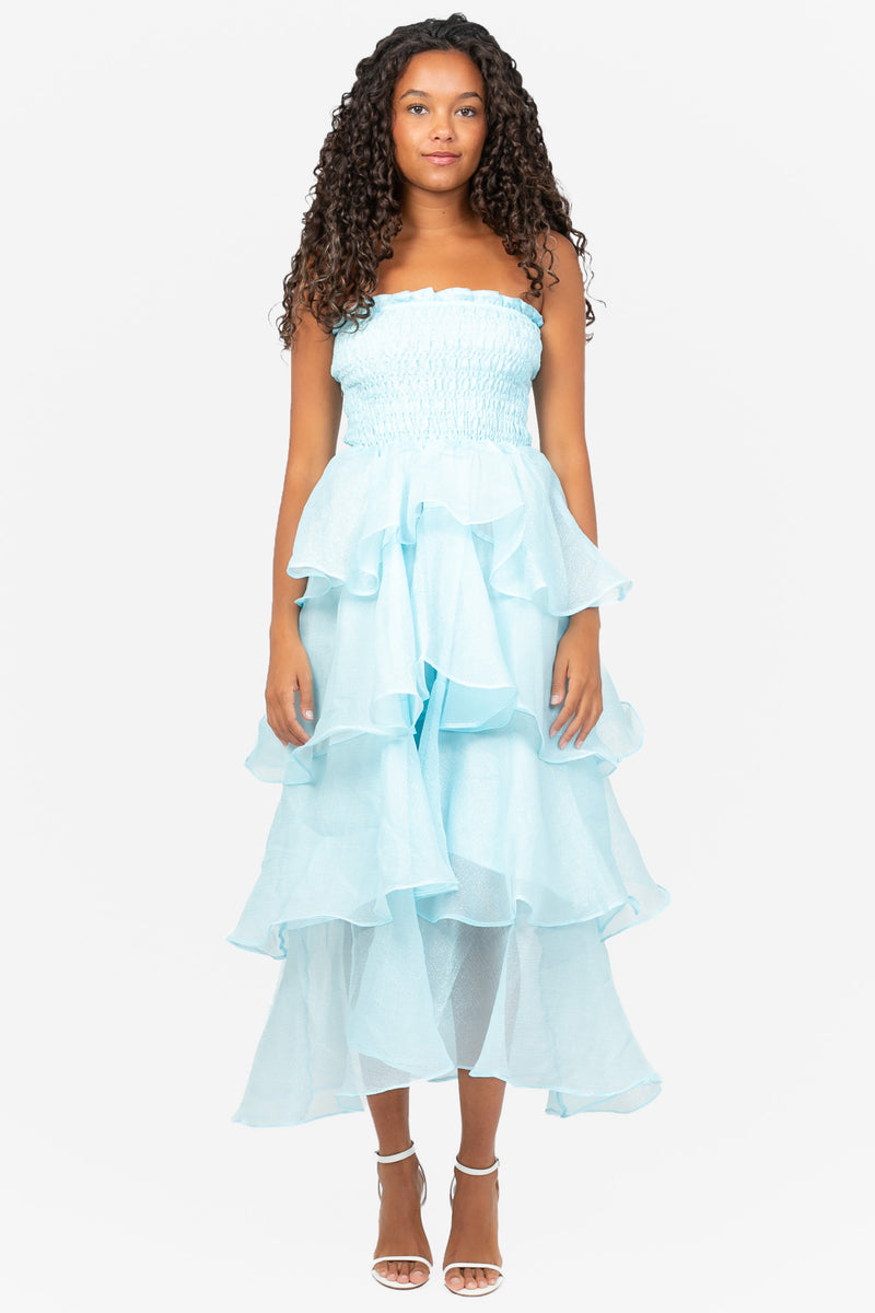 Skye Smocked Tiered Shimmer Ruffle Maxi Dress