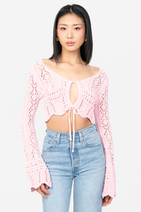 Rayna Tie Front Crochet Crop Sweater - honey