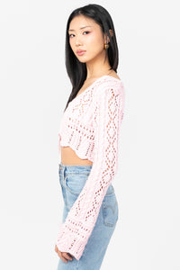 Rayna Tie Front Crochet Crop Sweater - honey