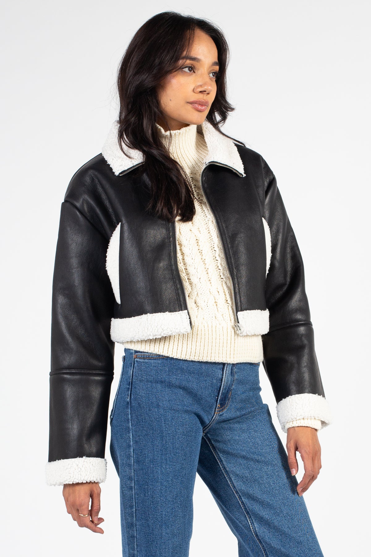 Peggi Sherpa Trim Vegan Leather Jacket - honey