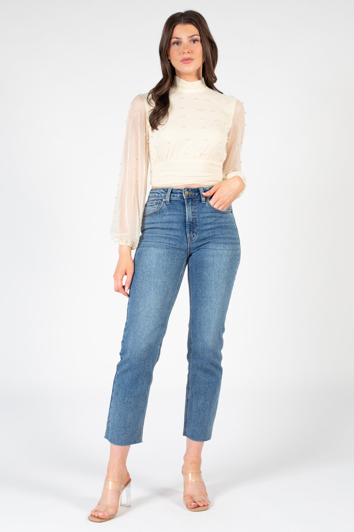 Wilhelmina Pearl Embellished Mesh Blouse