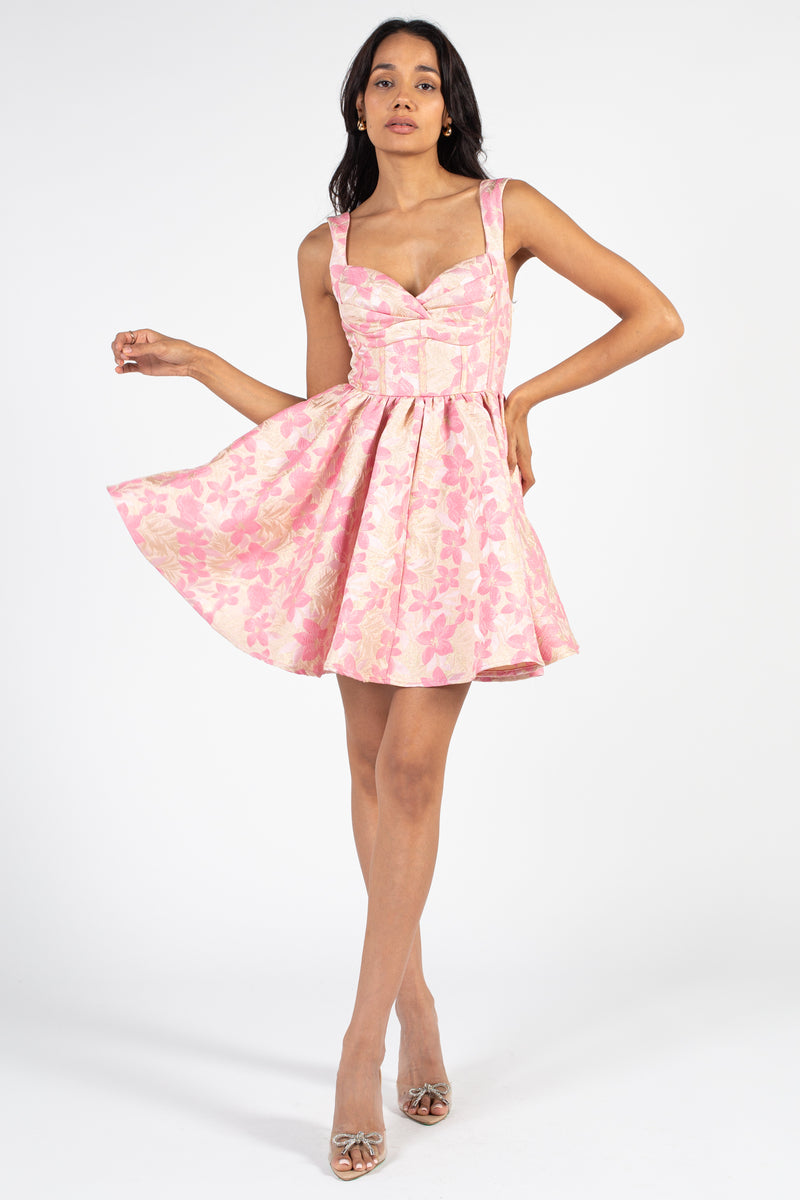 Ambrose Corset Jaquard Floral Mini Dress - honey