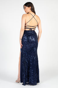 All Eyes On You Strappy High Slit Sequin Gown - honey