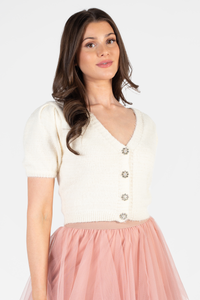 Elora Jewel Button Fuzzy Cardigan - honey