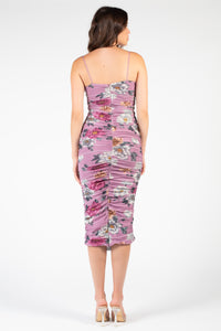 Isabel Ruched Mesh Floral Midi Dress