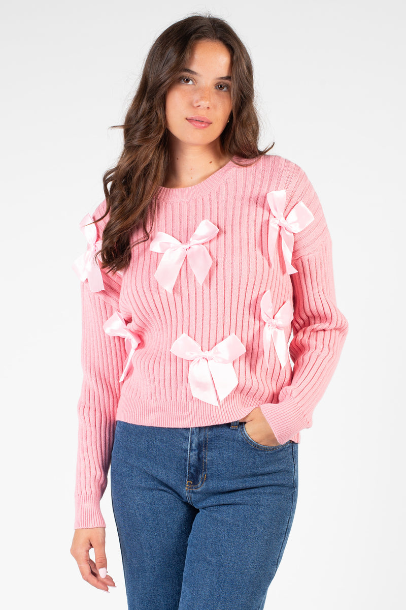 Playful Bow Accent Ribbed Sweater